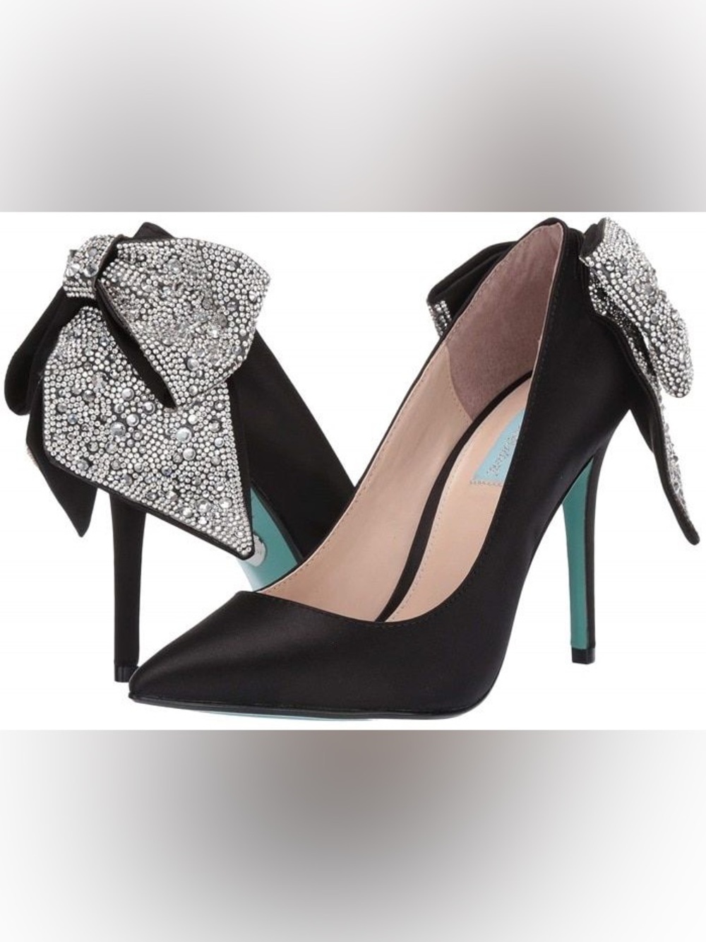 Women's Black Satin Pointed-Toe Heels with Crystal Bow